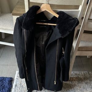 Calvin Klein Black Wool-Blend Pea Coat with Faux Fur Collar